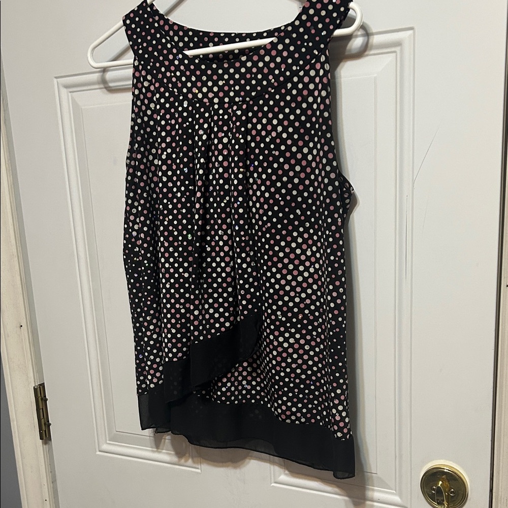 Roz & Ali Black Sleeveless Polka Dot Blouse with Pink & Cream Dots